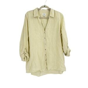 Sigrid Olsen Linen Striped Abalone Button Tunic Roll Tab Women’s Large Beach